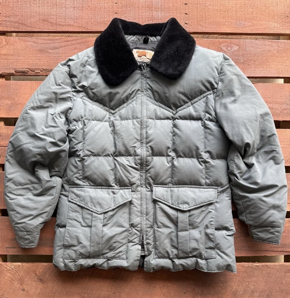 Vintage Comfy Down Jacket Mens XL Gray Puffer Western Style Faux Fur Collar USA
